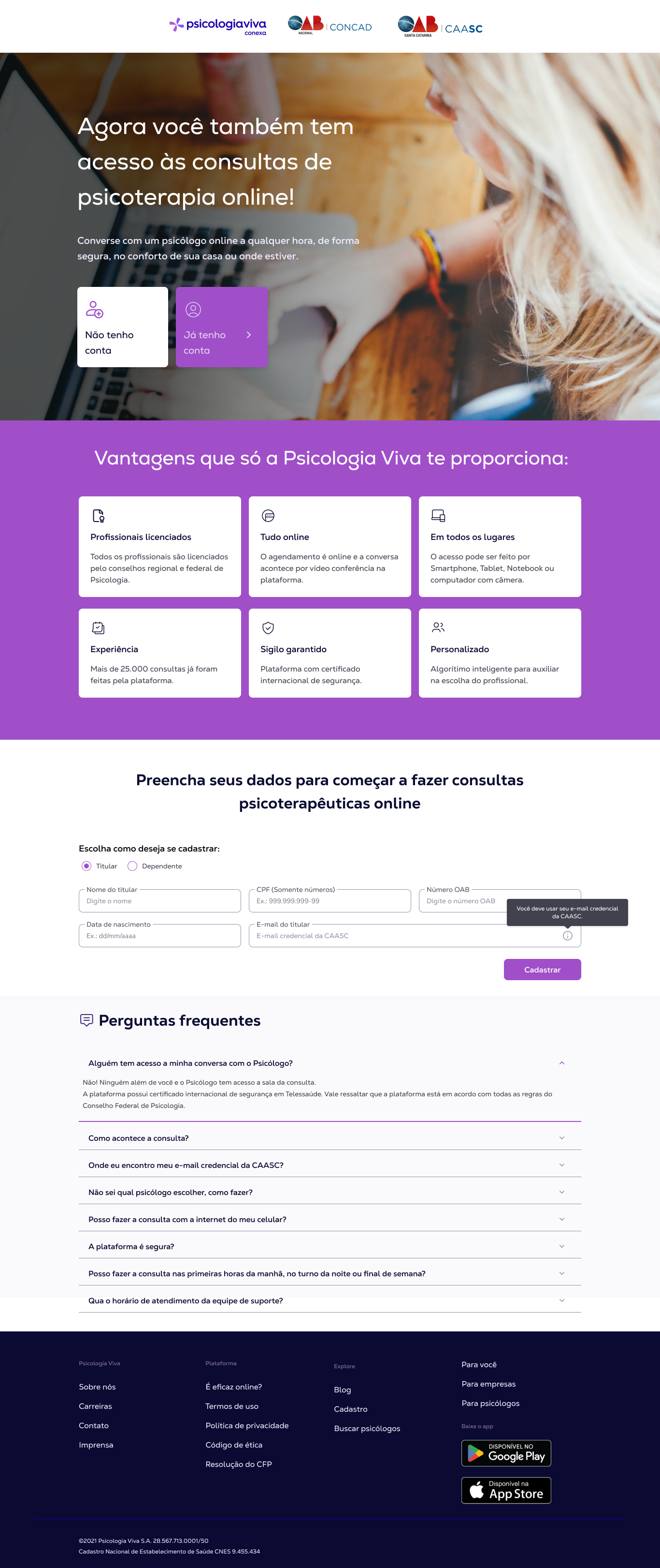 Versão desktop da landing page da parceria Psicologia Viva com a CAASC