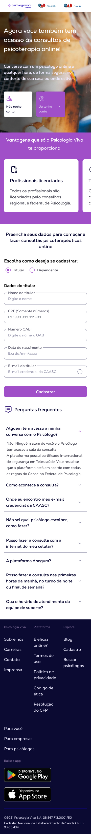 Versão mobile da landing page, mostrando os cards de vantagens, formulário de cadastro e seção de FAQ