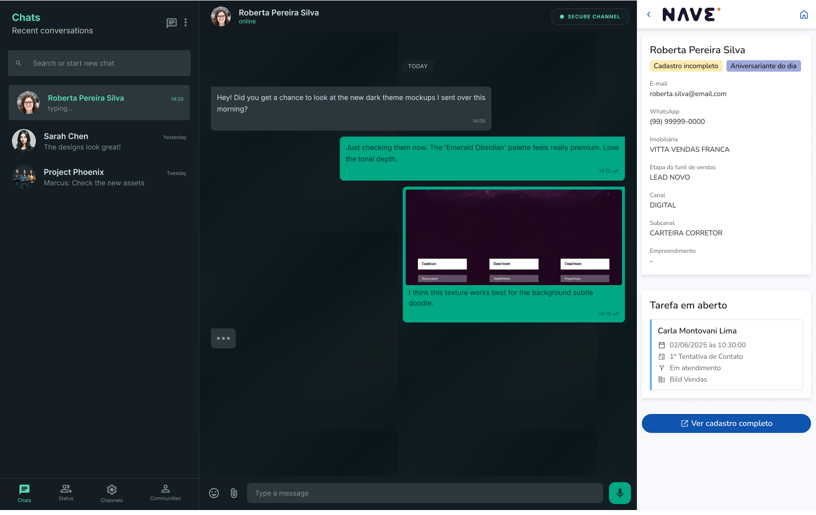 Painel de contato da extensão NaveZap com dados do cliente, status do funil e tarefas em aberto